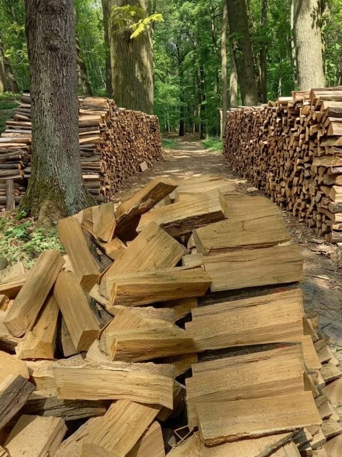 Allée forestière bordée de bois empilé des deux côtés, bûches fendues au premier plan.