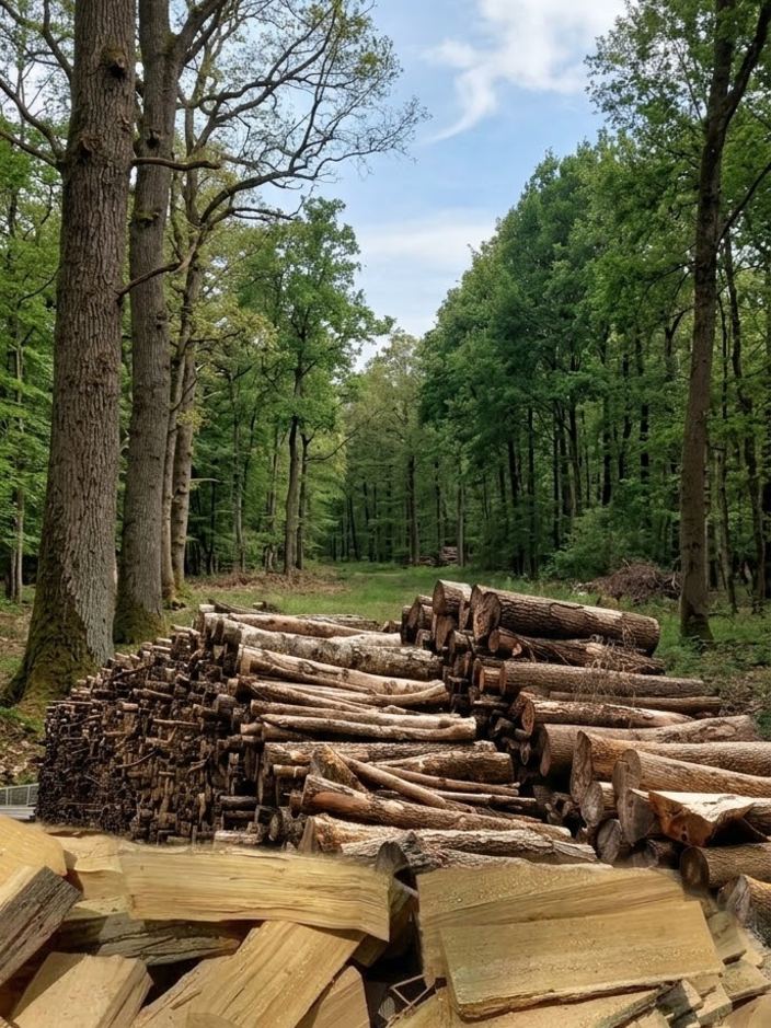 Clairière en forêt, grumes empilées et bûches fendues au premier plan.