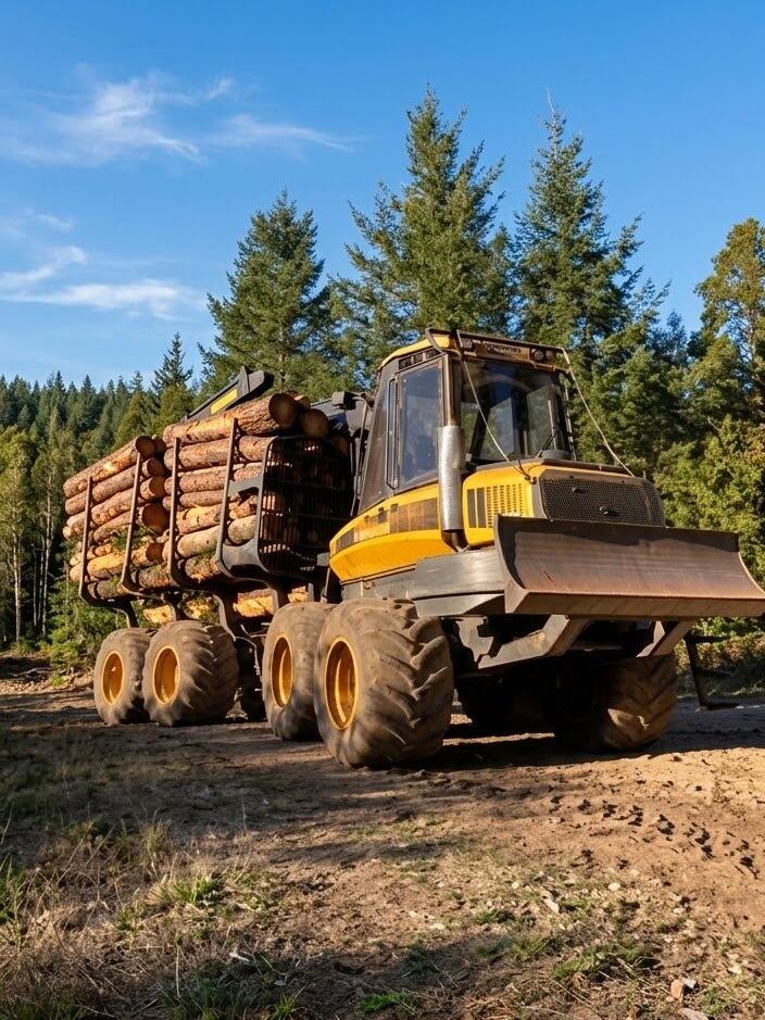 Porteur forestier transportant des grumes fraîchement coupées.