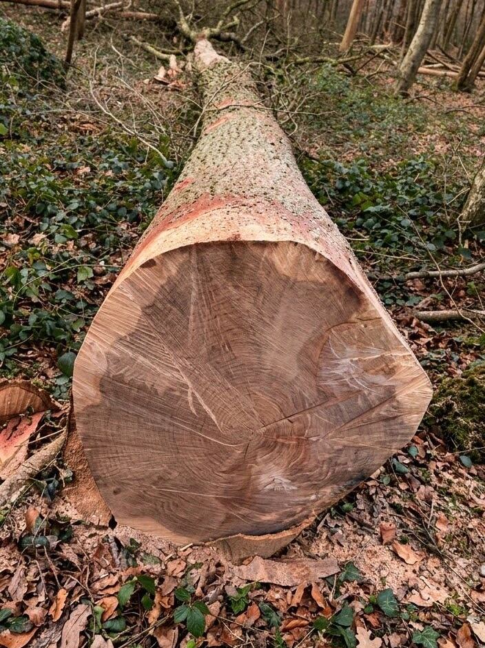 Grume de bois fraîchement coupée en forêt, coupe transversale et cernes visibles.