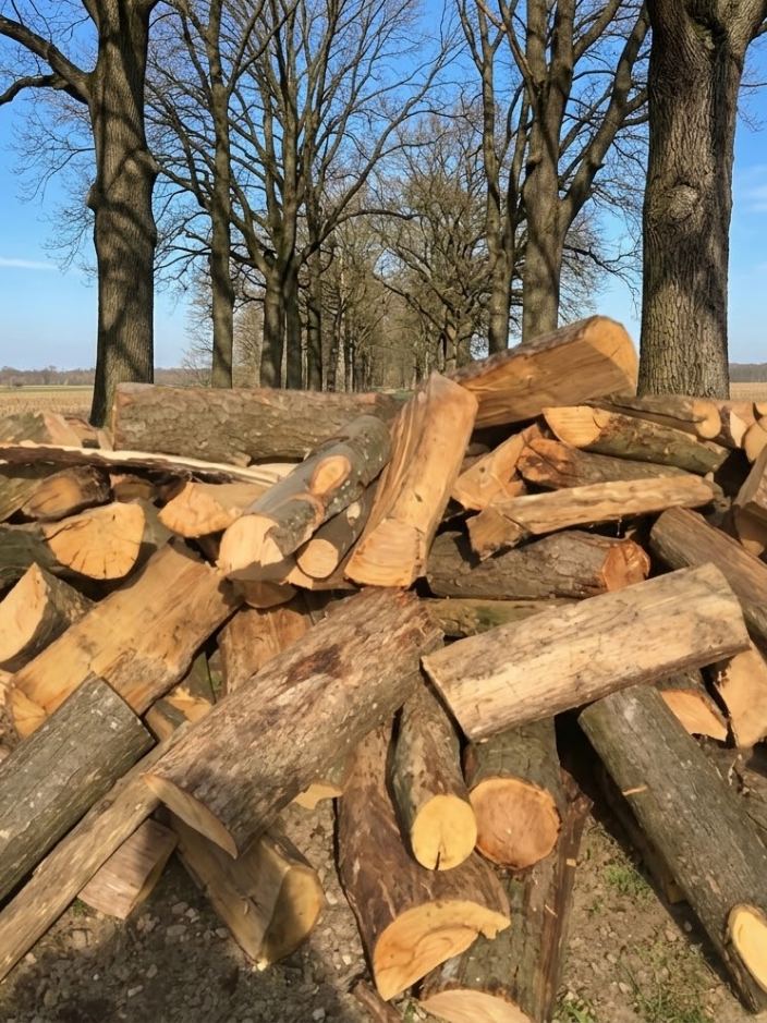 Grumes et bûches entassées en bord de champ, sous une allée de chênes en hiver.