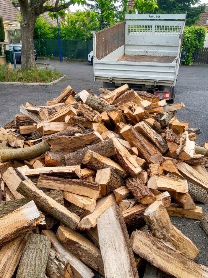 Bûches de bois fendu déchargées à l'arrière d'un camion de livraison S BOIS.