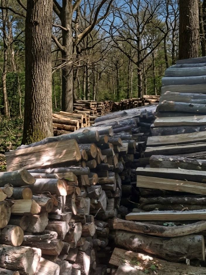 Rangées de stères de bois empilées en sous-bois, au soleil d'hiver.